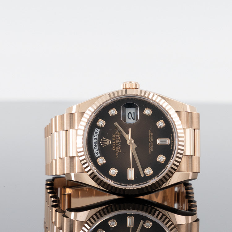 Rolex Day-Date 36mm Rose Gold Chocolate Diamond Dial 128235