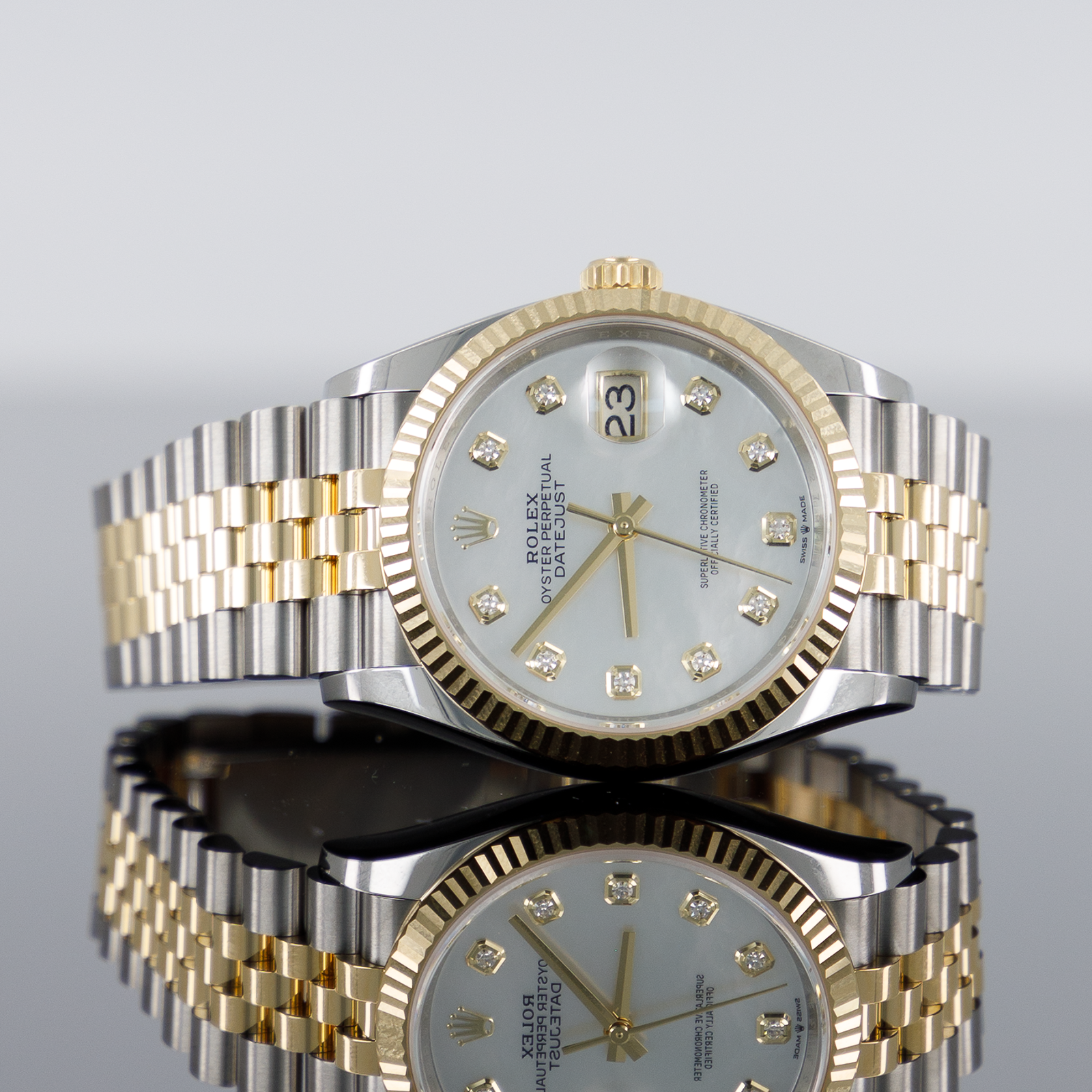 Rolex Datejust 36mm Steel and Yellow Gold Fluted Mother of Pearl Dia Jubilee Bracelet 126233