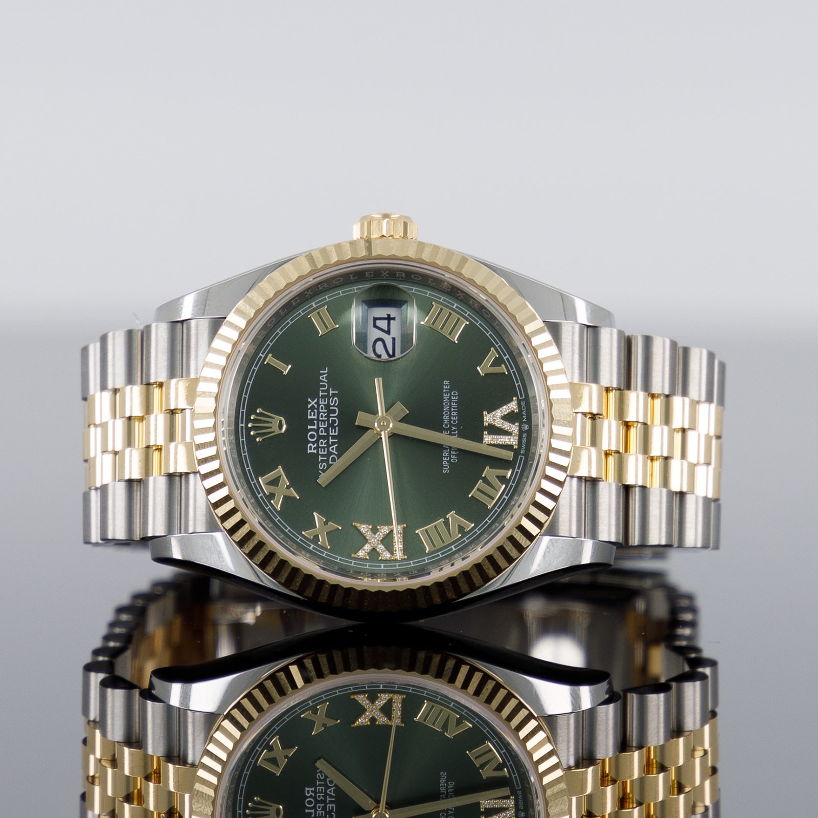 Rolex Datejust 36mm Steel and Yellow Gold Fluted Olive Roman Diamond Dial 126233