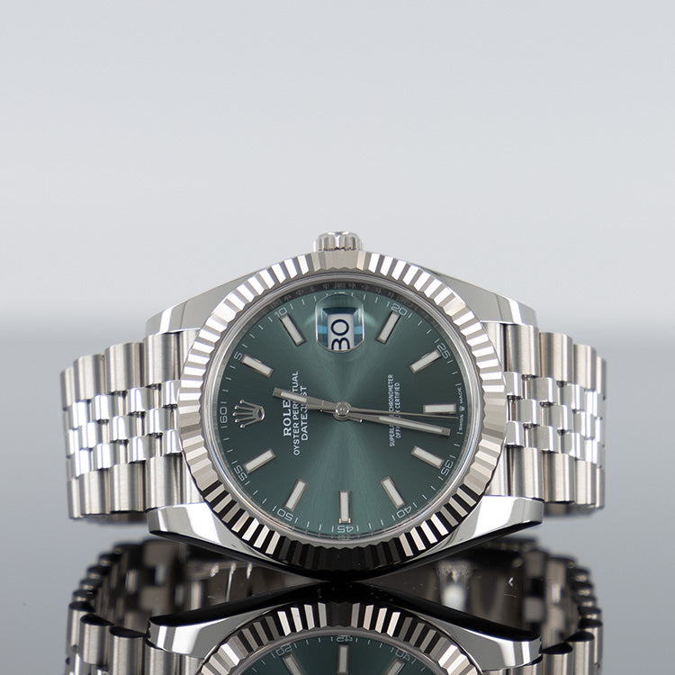 Rolex Datejust 41mm Steel Jubilee Fluted Mint Green Stick Dial 126334
