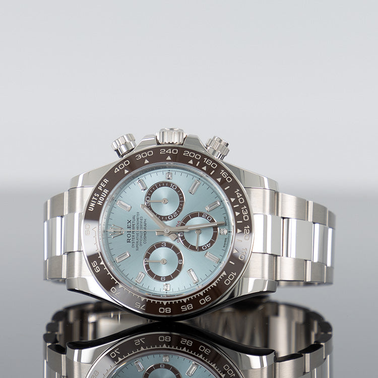Rolex Daytona 40mm Platinum Ice Blue Baguette Dial Open Back 126506