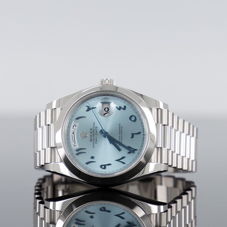 Rolex Day-Date 40mm Platinum Smooth Bezel Ice Blue Arabic Dial 228206