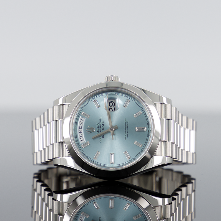 Rolex Day-Date 40mm Platinum Smooth Bezel Ice Blue Baguette Dial 228206