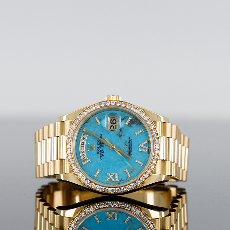Rolex Day-Date 36mm Yellow Gold Turquoise Roman Diamond Dial Diamond Bezel 128348