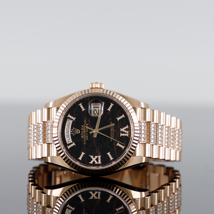 Rolex Day-Date 36mm Rose Gold Eisenkiesel Diamond Dial Fluted Bezel Diamond Bracelet 128235