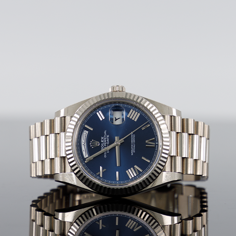 Rolex Day-Date 40mm White Gold Arabic Blue Roman Dial Fluted Bezel 228239