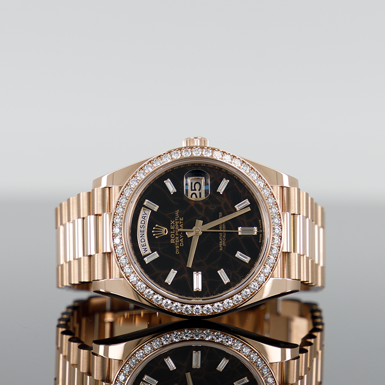 Rolex Day-Date 40mm Rose Gold "Eisenkiesel" Baguette Diamond Bezel 228345RBR