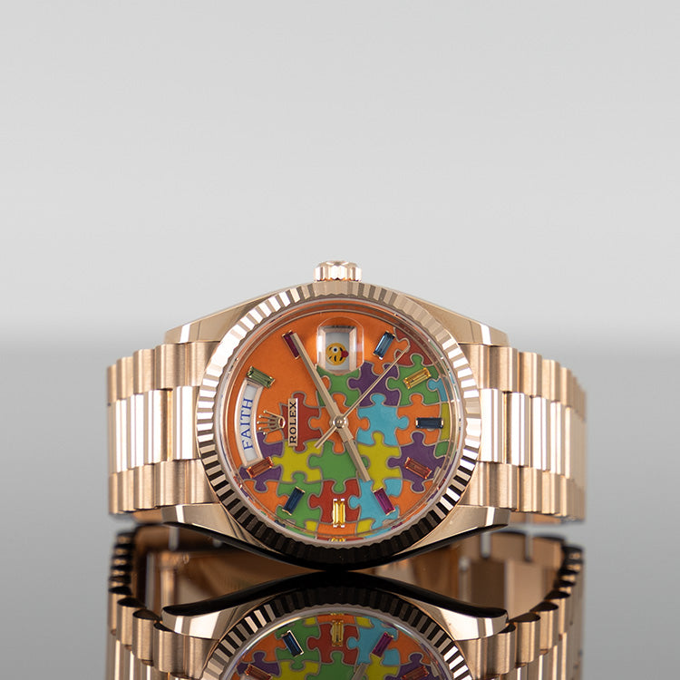 Rolex Day-Date 36mm Rose Gold Presidential Bracelet Multi Color Puzzle Dial 128235