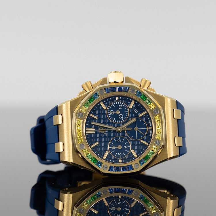 Audemars Piguet Royal Oak Offshore 37mm Rubber Strap Yellow Gold Sapphire Bezel Blue Dial 26236BA.YY.D346CA.01