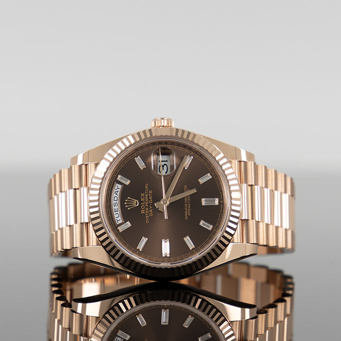 Rolex Day-Date 40mm Rose Gold Chocolate Baguette Dial 228235