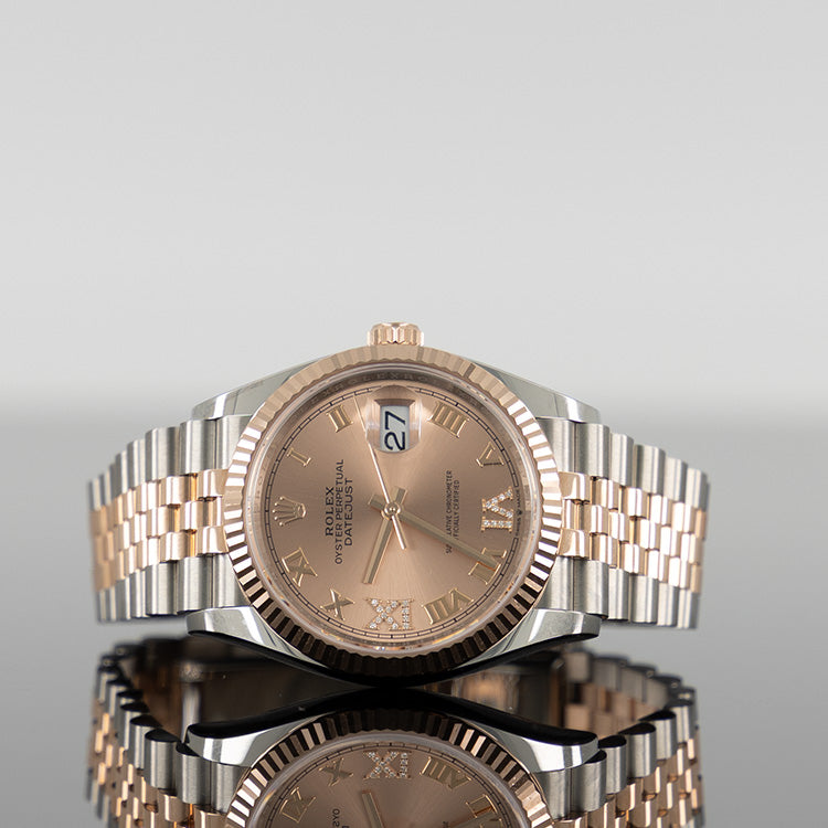 Rolex Datejust 36mm Steel and Rose Gold VI & IX Diamond Rose Dial 126231