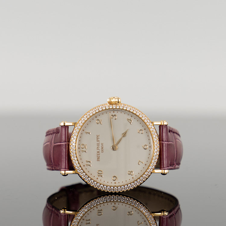 Patek Philippe Calatrava 34.6mm 7200/200R-001 Rose Gold White Dial Diamond Bezel Leather Strap