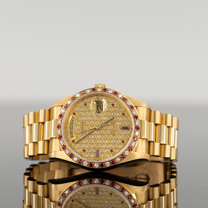 Rolex Day-Date 36mm Yellow Gold Diamond Dial Ruby Diamond Bezel 1803