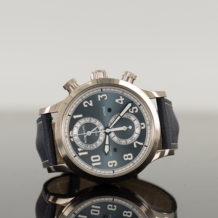 Patek Philippe 5924G-001 Calatrava 42mm White Gold Calatrava Pilot Travel Time Chronograph Blue Dial