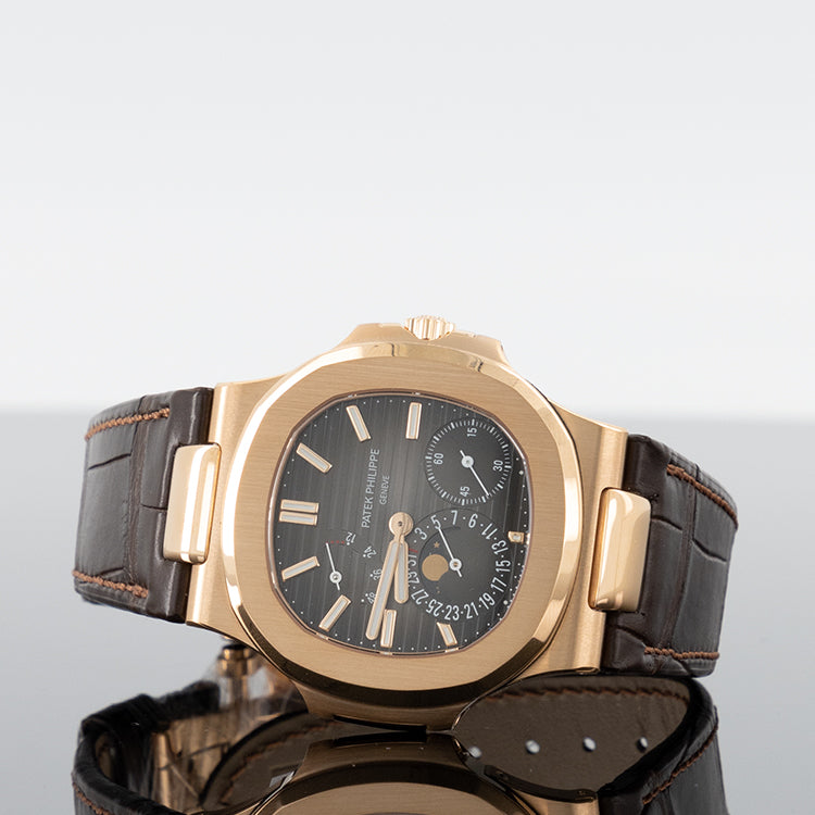 Patek Philippe Nautilus Rose Gold With Brown Leather Watch Grey Dial 5712R-001