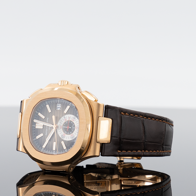 Patek Philippe 5980R-001 Nautilus 40.5mm Rose Gold Leather Strap Black Brown Dial