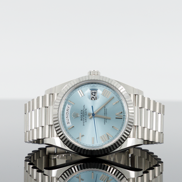 Rolex Day-Date Platinum Fluted Bezel 40Mm Ice Blue Roman Dial President Bracelet 228236