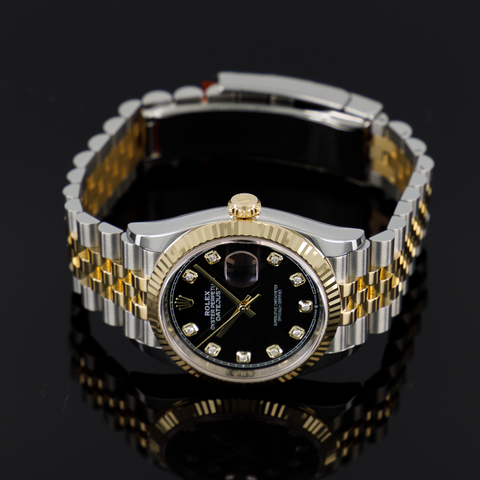 Rolex Datejust 36 mm Steel and Yellow Gold Fluted Black Diamond Dial 126233