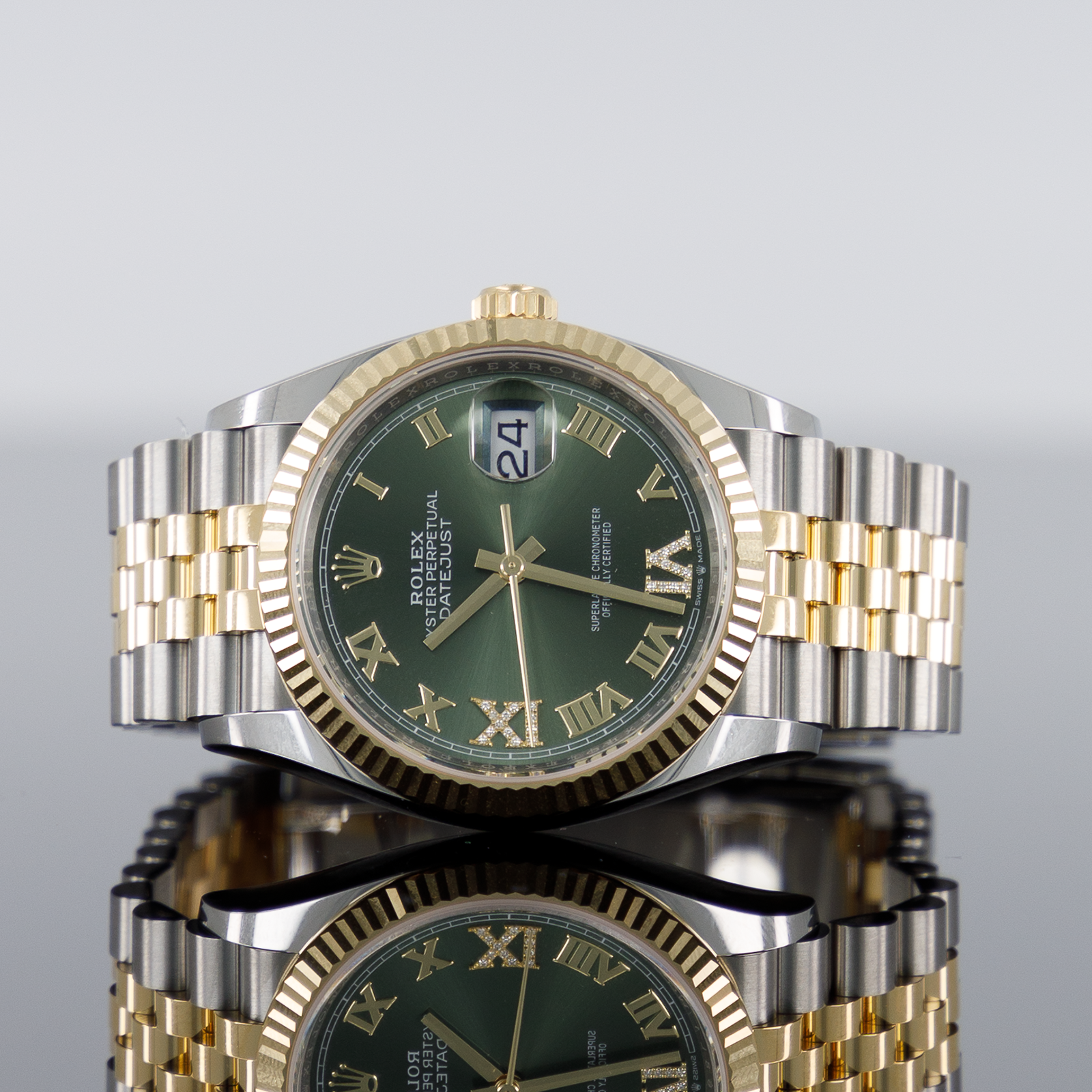 Rolex Datejust 36mm Steel and Yellow Gold Fluted Olive Roman Diamond VI and IX Dial 126233