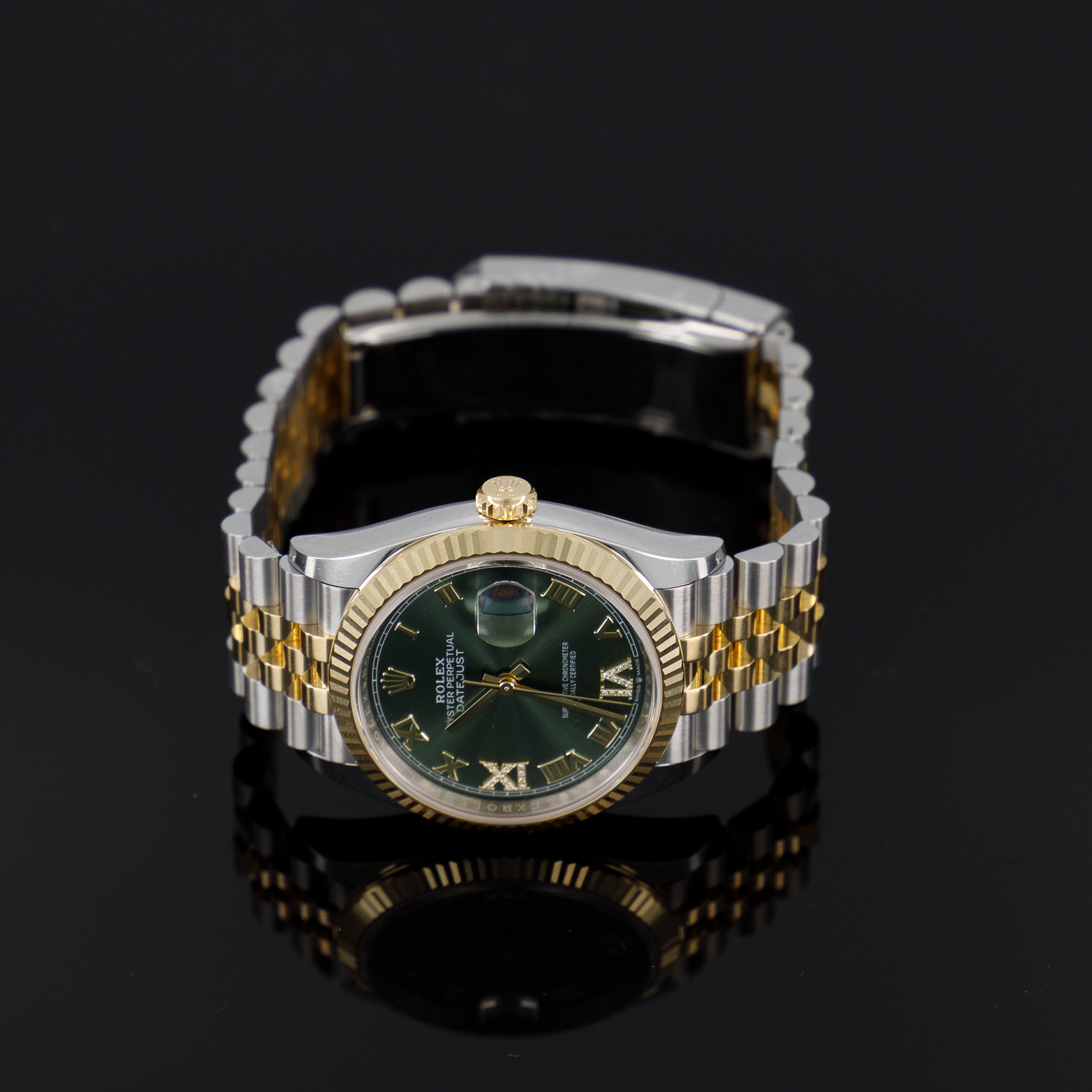 Rolex Datejust 36mm Steel and Yellow Gold Fluted Olive Roman Diamond VI and IX Dial 126233