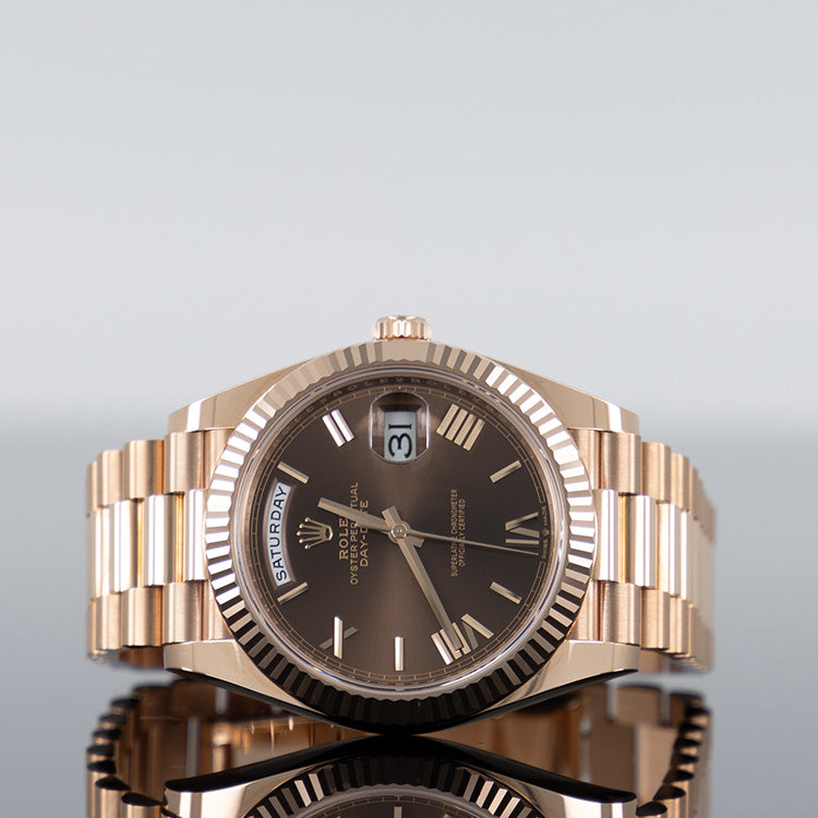 Rolex Day-Date 40mm Rose Gold Chocolate Roman Dial 228235