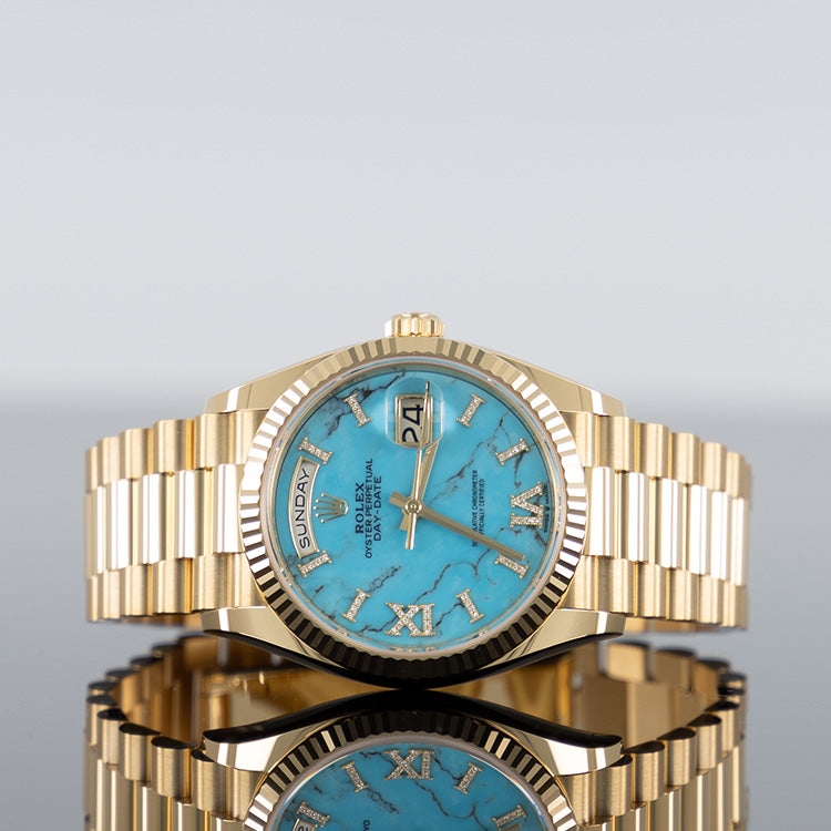 Rolex Day-Date 36mm Yellow Gold Turquoise Diamond Dial 128238
