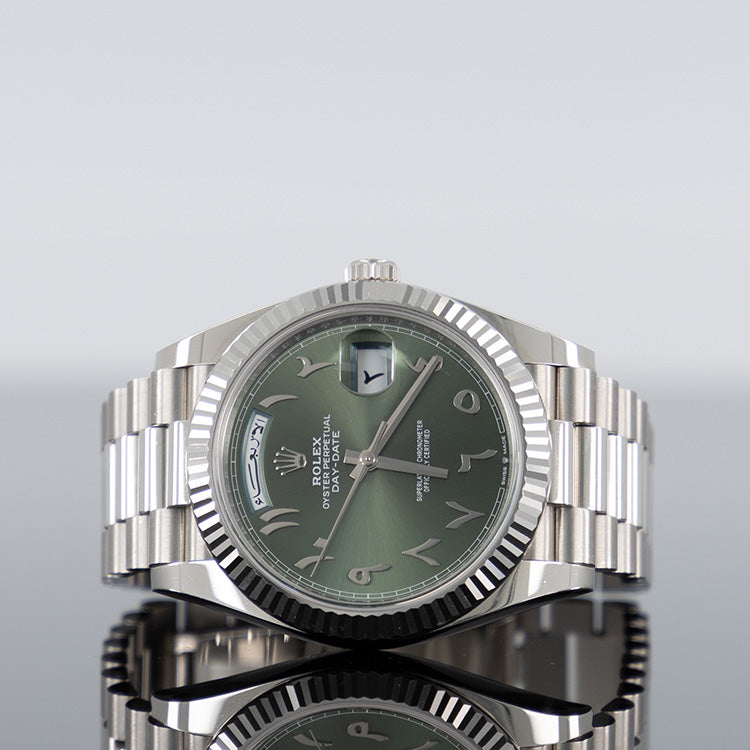 Rolex Day-Date Platinum Fluted Bezel 40mm Green Arabic Dial 228236