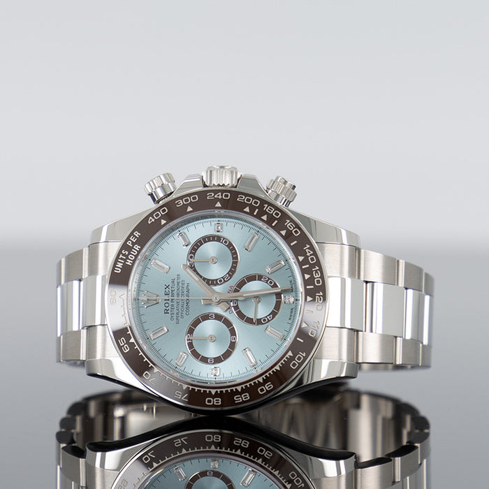 Rolex Daytona 40mm Platinum Ice Blue Baguette Dial Open Back 126506