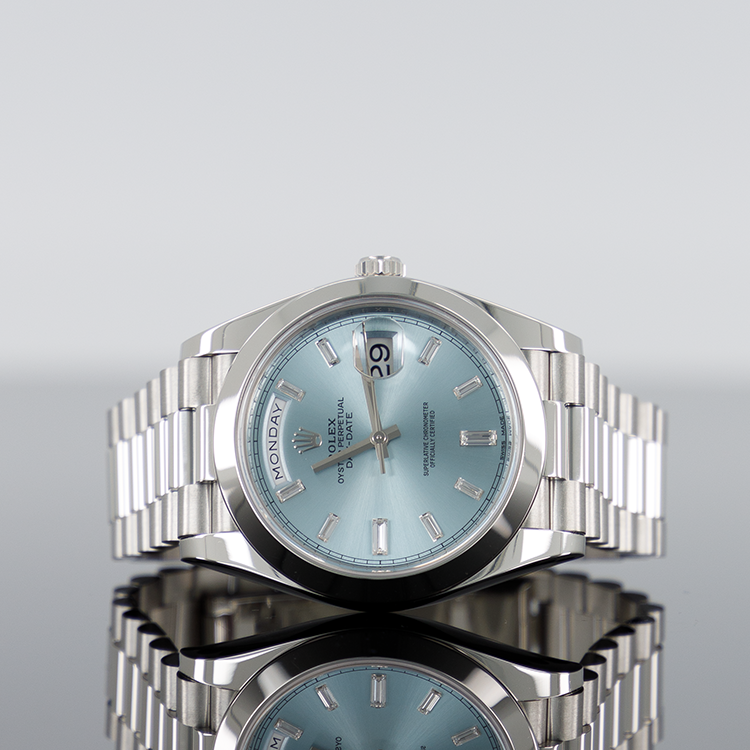 Rolex Day-Date 40mm Platinum  Smooth Bezel Ice Blue Baguette Dial 228206