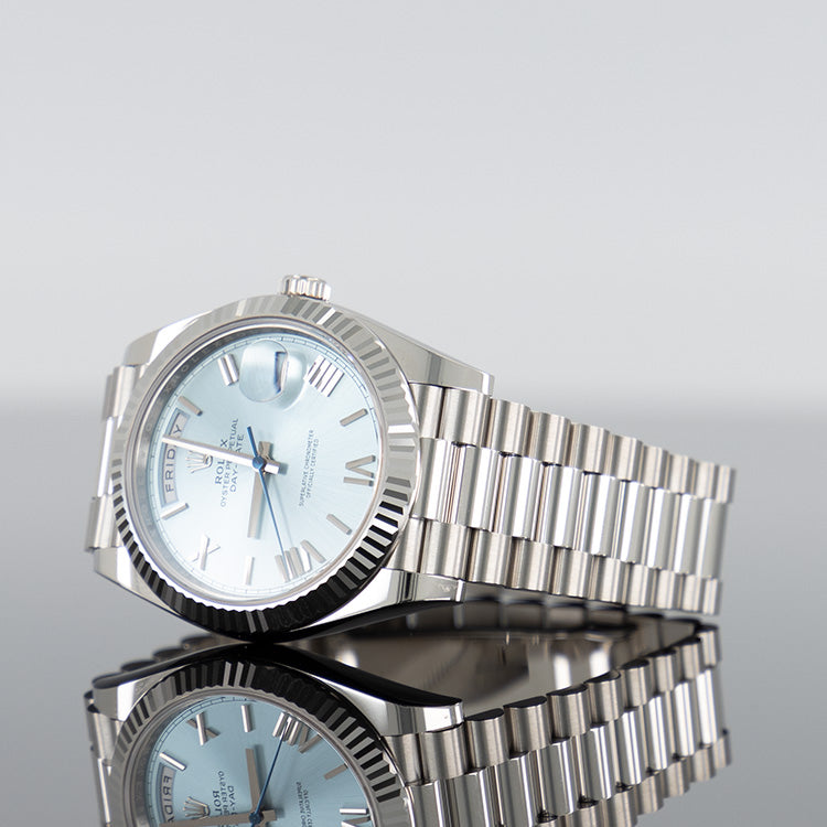 Rolex Day-Date 40mm Platinum Ice Blue Roman Dial 228236