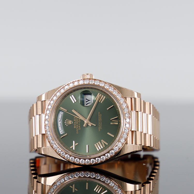 Rolex Day-Date 40mm Rose Gold Arabic Olive Green Roman Dial Diamond Bezel 228345