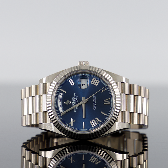 Rolex Day-Date 40mm White Gold Arabic Blue Roman Dial Fluted Bezel 228239