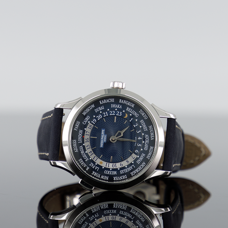 Patek Philippe 5230P-001 World Time 38.5mm Platinum Blue Dial Blue Strap