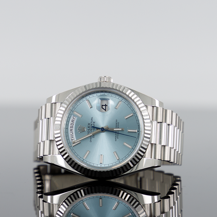 Rolex Day-Date 40mm Platinum ice blue Index Dial Fluted Bezel 228236