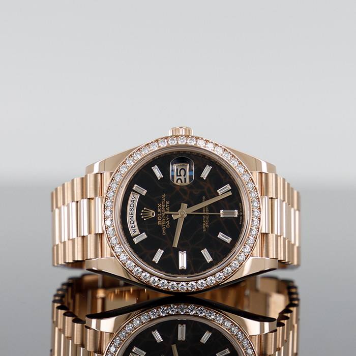 Rolex Day-Date 40mm Rose Gold "Eisenkiesel" Baguette Diamond Bezel 228345RBR