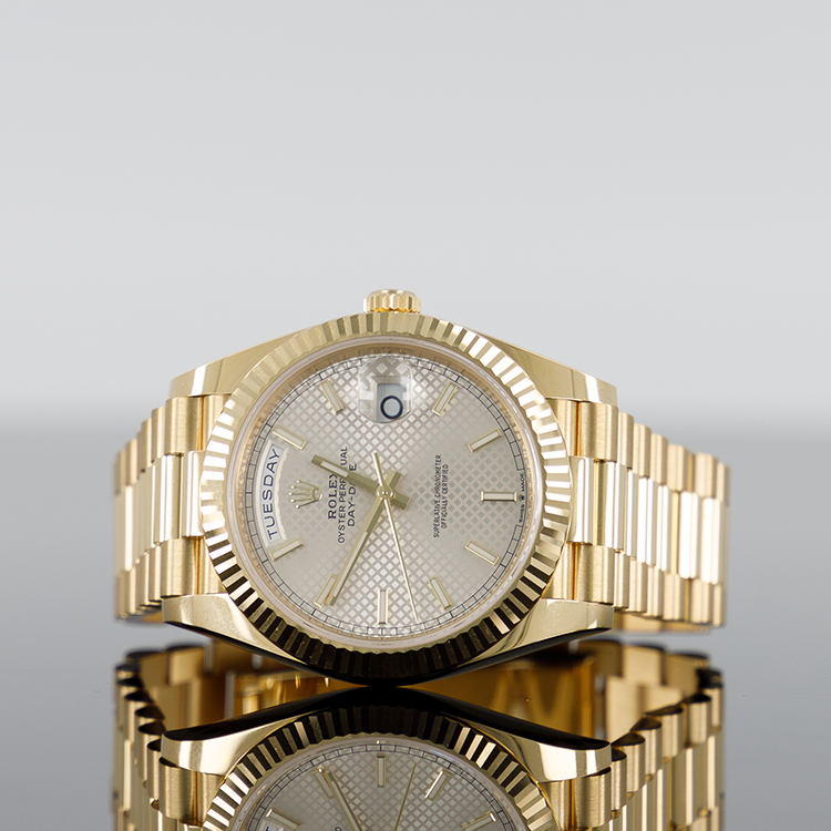 Rolex Day-Date 40mm Yellow Gold Silver Motif Dial Fluted Bezel 228238