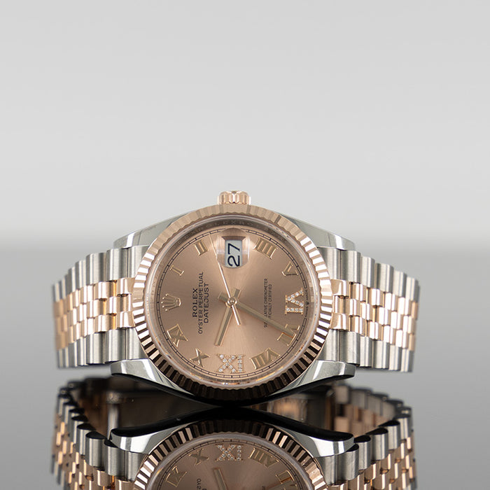 Rolex Datejust 36mm Steel and Rose Gold VI & IX Diamond Rose Dial 126231