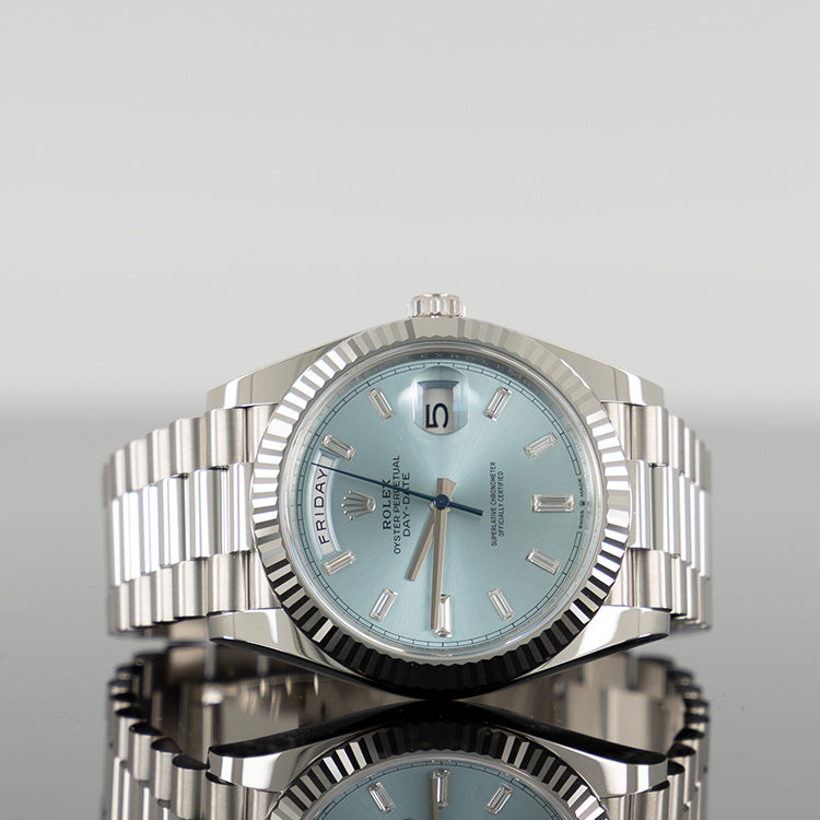 Rolex Day-Date 40mm Platinum Ice Blue Baguette Dial 228236