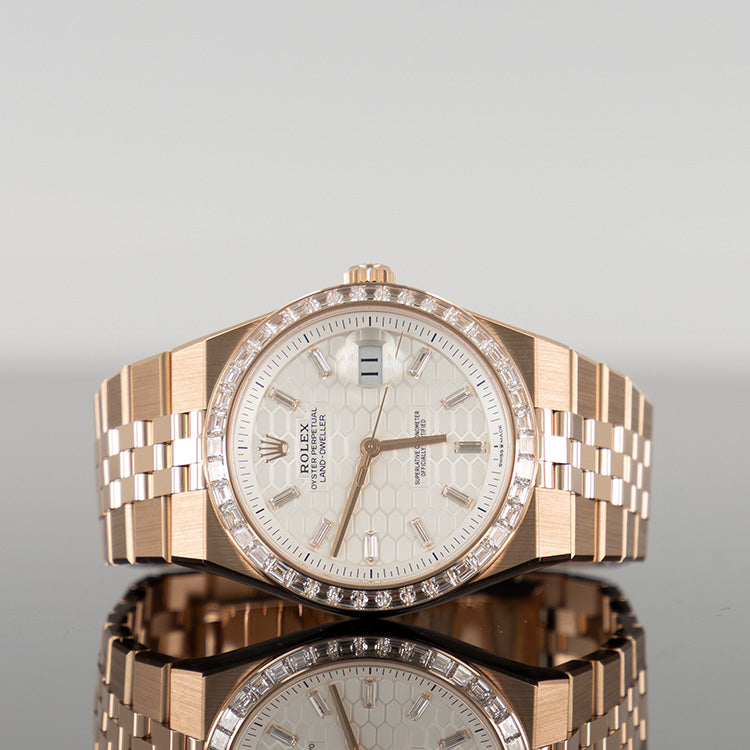 Rolex Land-Dweller 40mm Rose Gold Honeycomb Motif Baguette Dial Diamond Bezel 127385TBR
