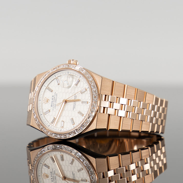 Rolex Land-Dweller 40mm Rose Gold Honeycomb Motif Baguette Dial Diamond Bezel 127385TBR