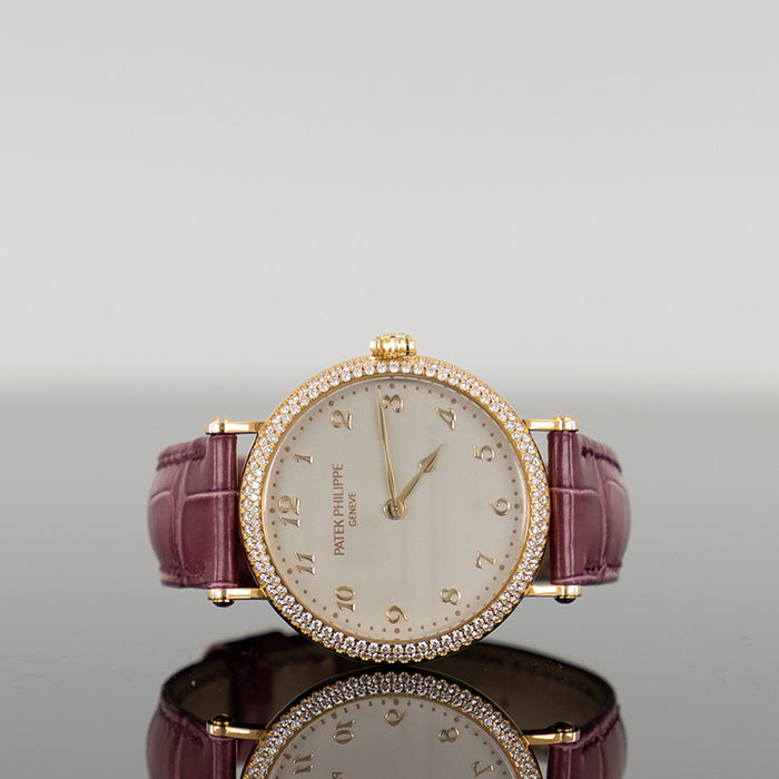 Patek Philippe Calatrava 34.6mm 7200/200R-001  Rose Gold White Dial Diamond Bezel Leather Strap