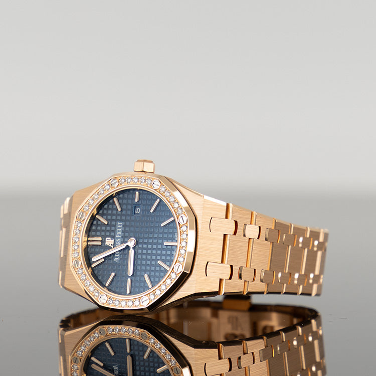 Audemars Piguet Royal Oak 33mm Rose Gold Blue Dial Diamond Bezel 67651OR.ZZ.1261OR.02