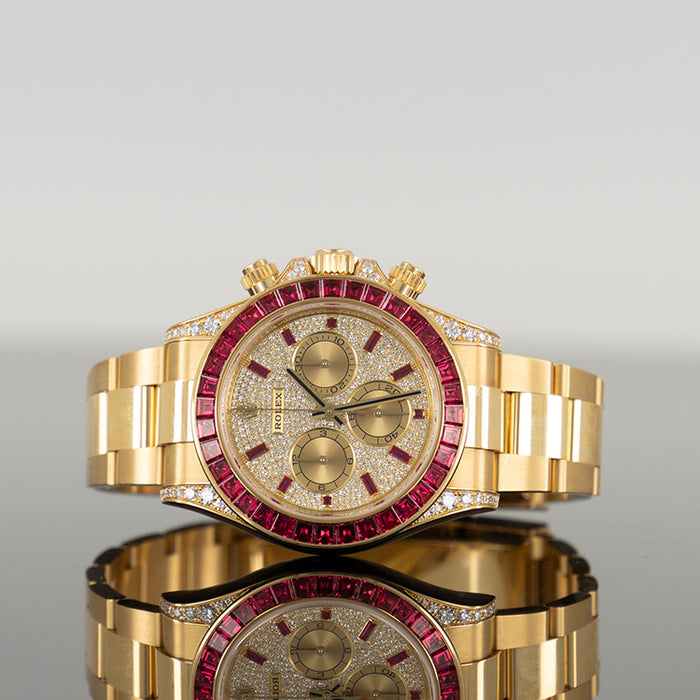 Rolex Daytona 40mm Yellow Gold Ruby Bezel Diamond Pave Dial 126598TRU