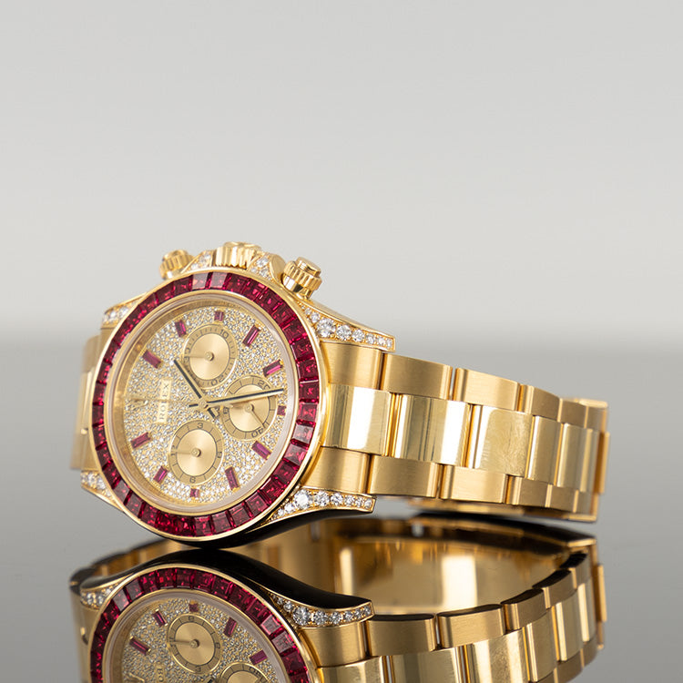 Rolex Daytona 40mm Yellow Gold Ruby Bezel Diamond Pave Dial 126598TRU