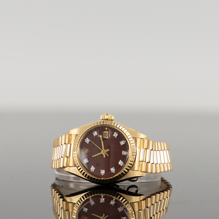 Rolex Datejust 28mm Yellow Gold Stella Oxblood Diamond Dial 62871