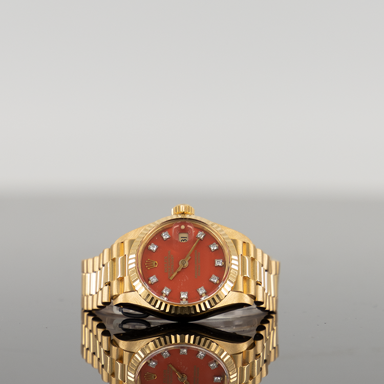 Rolex Datejust 28mm Yellow Gold Red Stella Diamond Dial 69178
