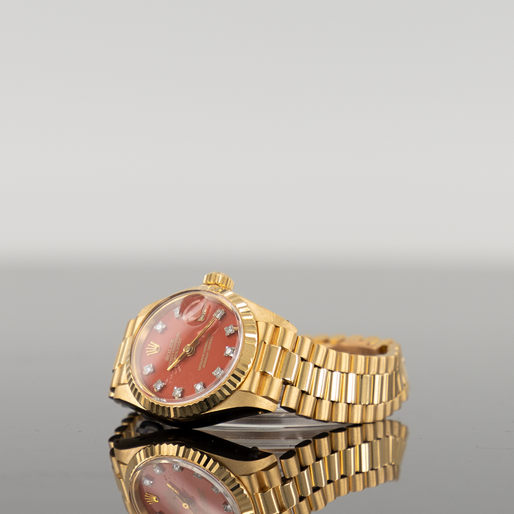 Rolex Datejust 28mm Yellow Gold Red Stella Diamond Dial 69178