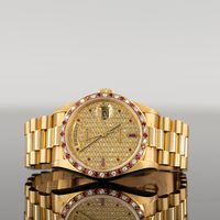 Rolex Day-Date 36mm Yellow Gold Diamond Dial Ruby Diamond Bezel 1803 1
