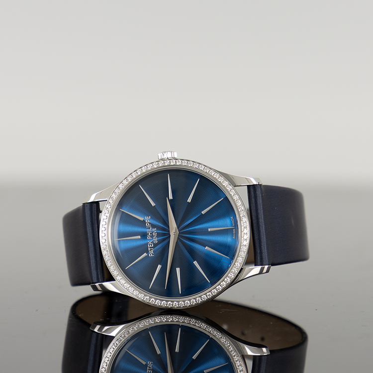 Patek Philippe 4997/200G-001 Calatrava 35mm White Gold Diamond Bezel Blue Strap