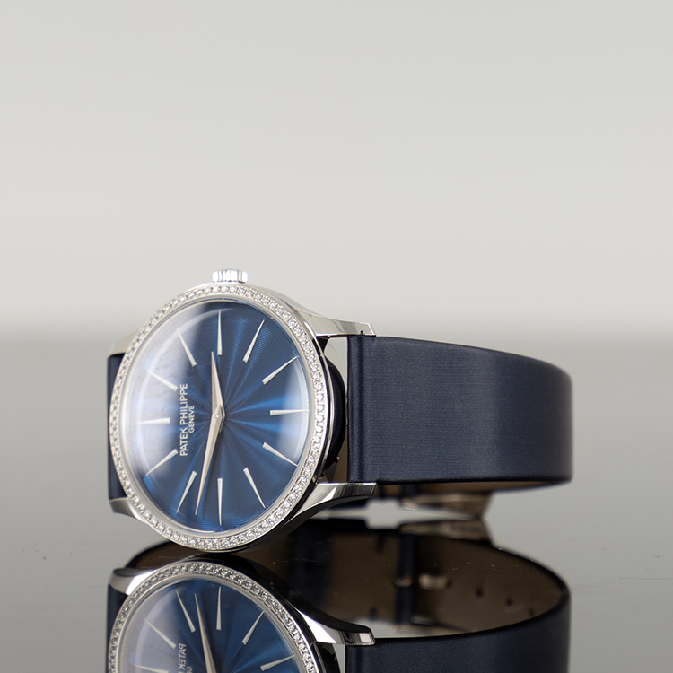 Patek Philippe 4997/200G-001 Calatrava 35mm White Gold Diamond Bezel Blue Strap
